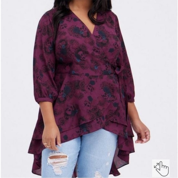 torrid Tops - torrid Plum Floral High-Low Wrap Tunic
